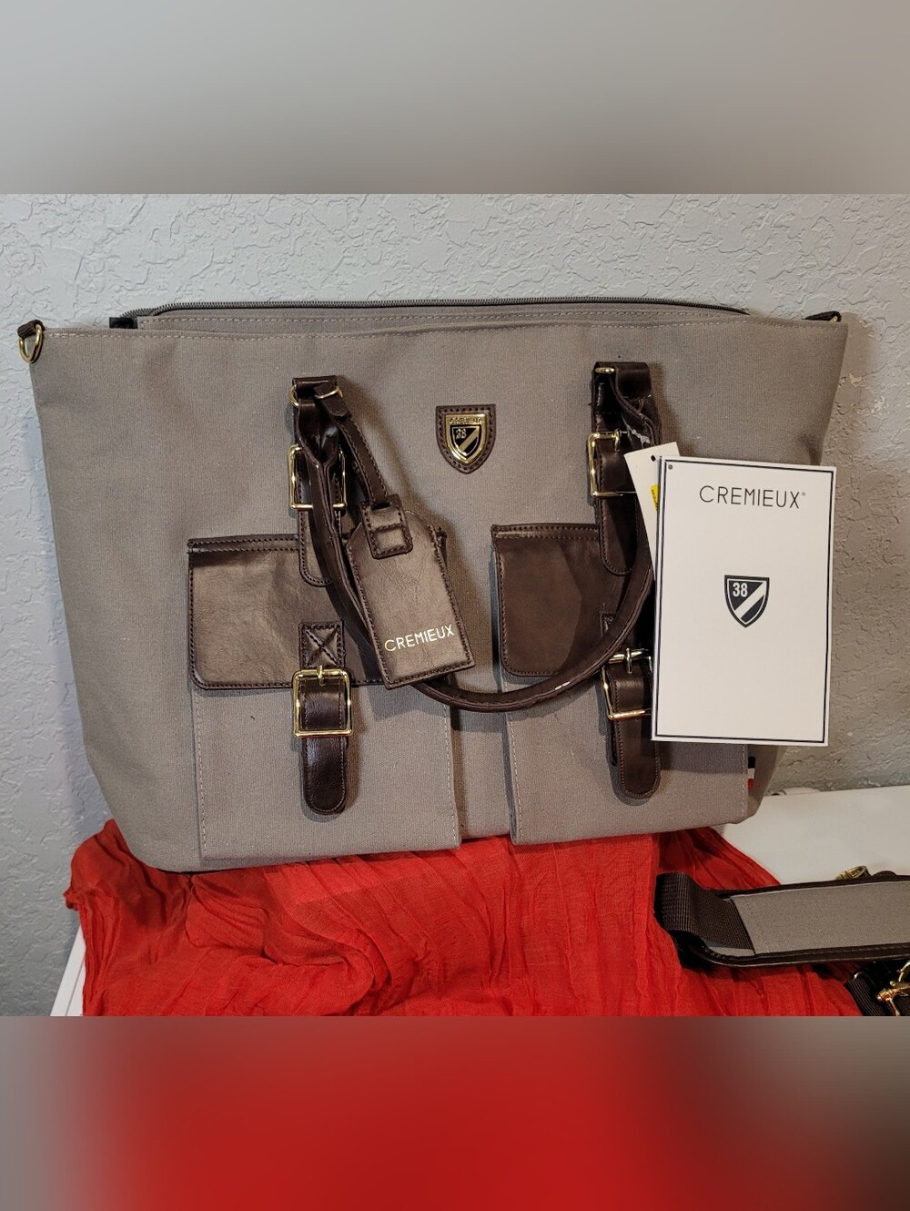 Daniel Cremieux Gray Canvas Laptop Bag with Brown Leather Trim